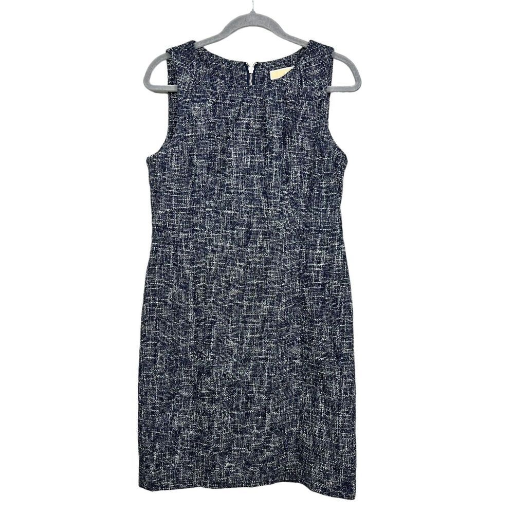 Michael Kors Women Tweed Sheath Dress Pleated Neck Sleeveless Blue White Sz 12P*
